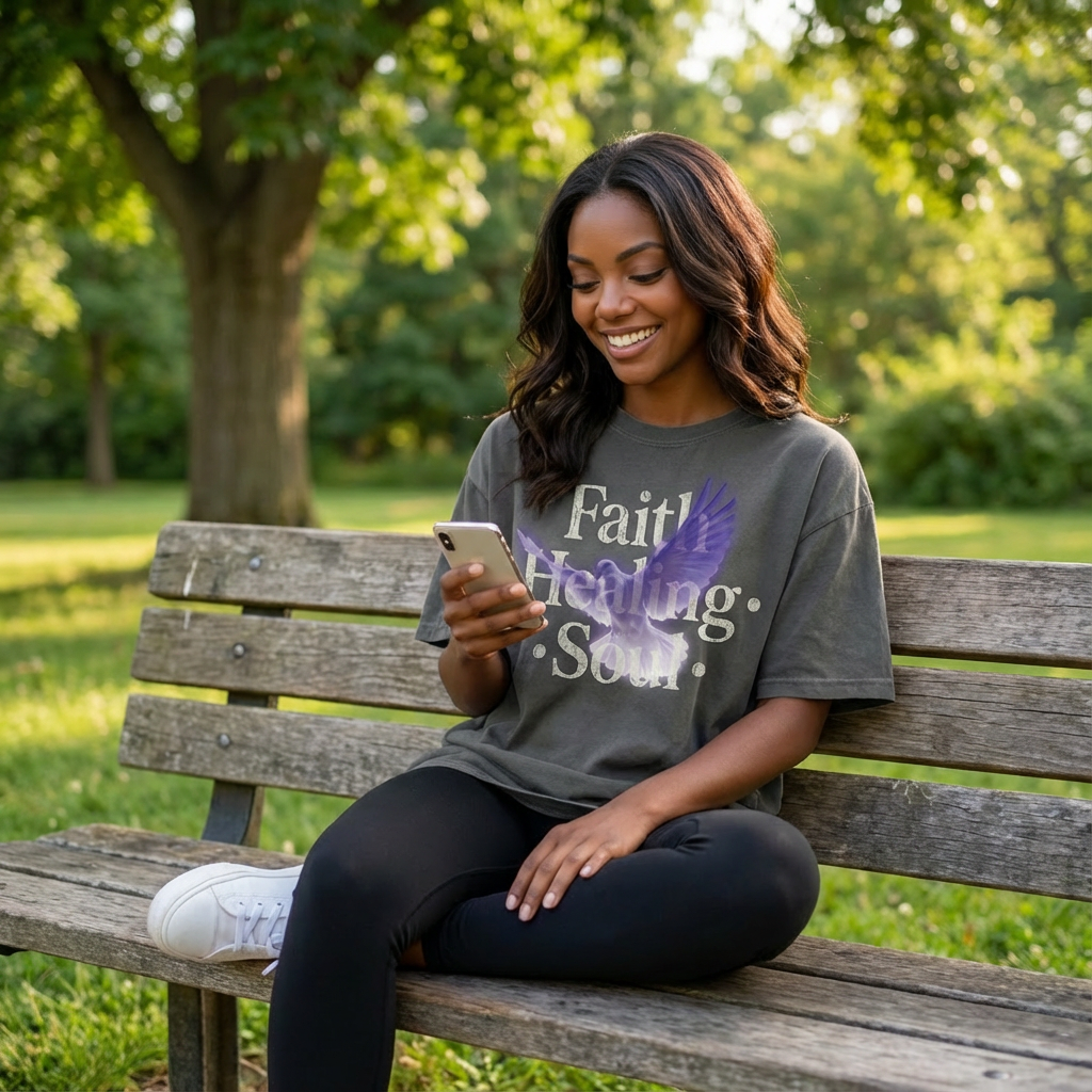 Woman wearing Faith Healing Soul oversized Christian t shirt sitting outdoors with peaceful lifestyle setting