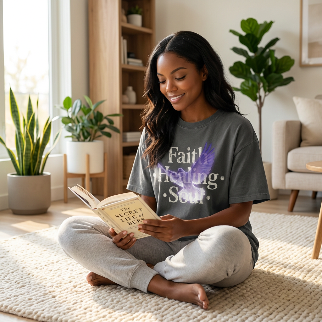 Woman wearing Faith Healing Soul oversized Christian t shirt sitting outdoors with peaceful lifestyle setting